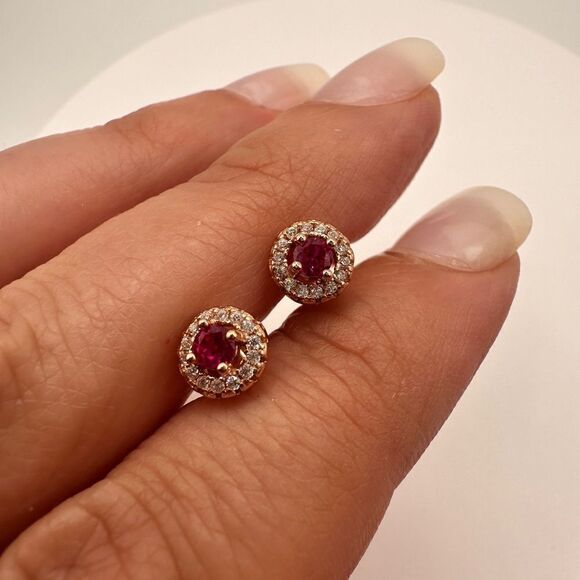 3mm ruby and cz diamonds, rose gold over sterling silver stud earrings! - Picture 5 of 6